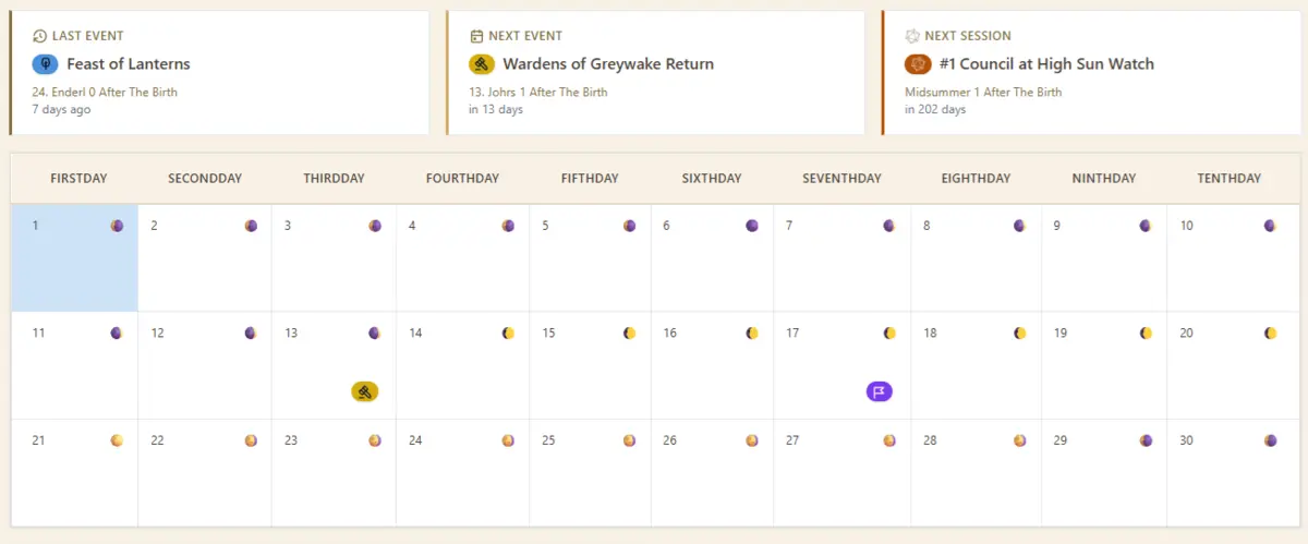 Chronicle Keeper calendar view showing recent events, moon phases, and the next planned session.